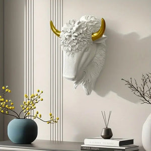 Majestic Bison Wall Sculpture – White & Gold