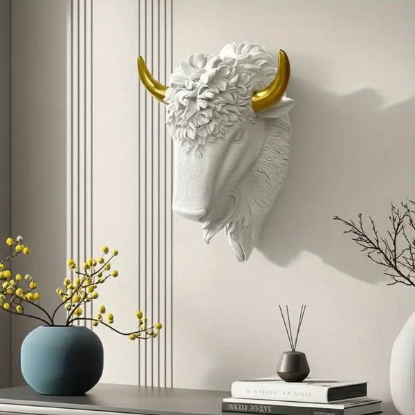 Majestic Bison Wall Sculpture – White & Gold