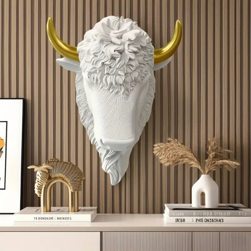 Majestic Bison Wall Sculpture – White & Gold