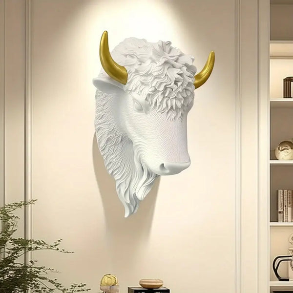 Majestic Bison Wall Sculpture – White & Gold