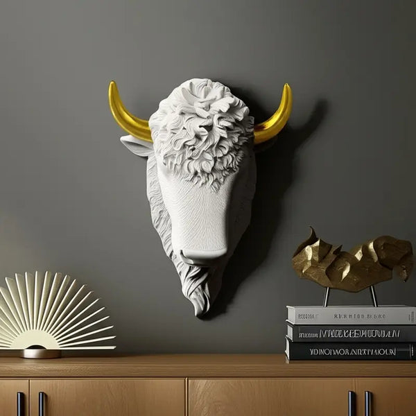 Majestic Bison Wall Sculpture – White & Gold